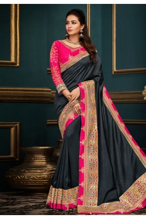 Dark gray silk embroidered saree with blouse  10606